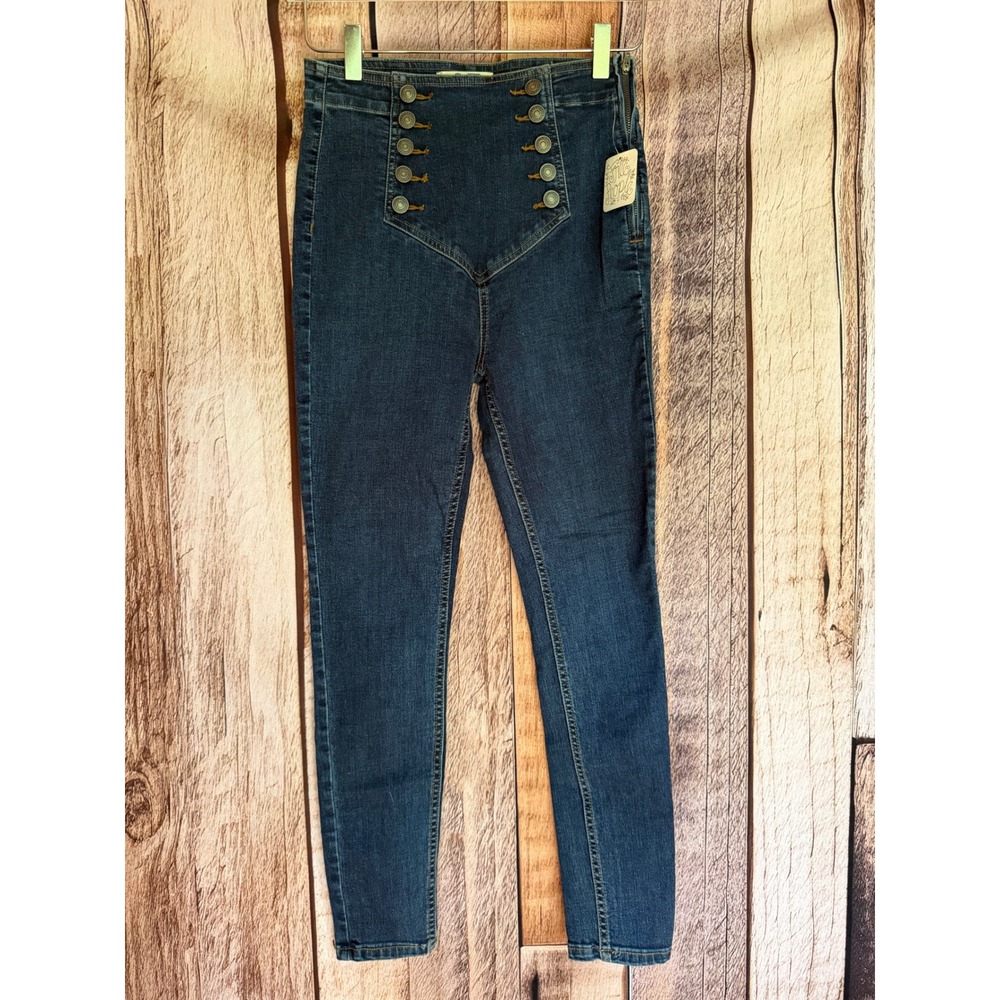 Free People Jeans Sailor Button High Rise Skinny Dark Wash Nautical Size 27 NWT‎